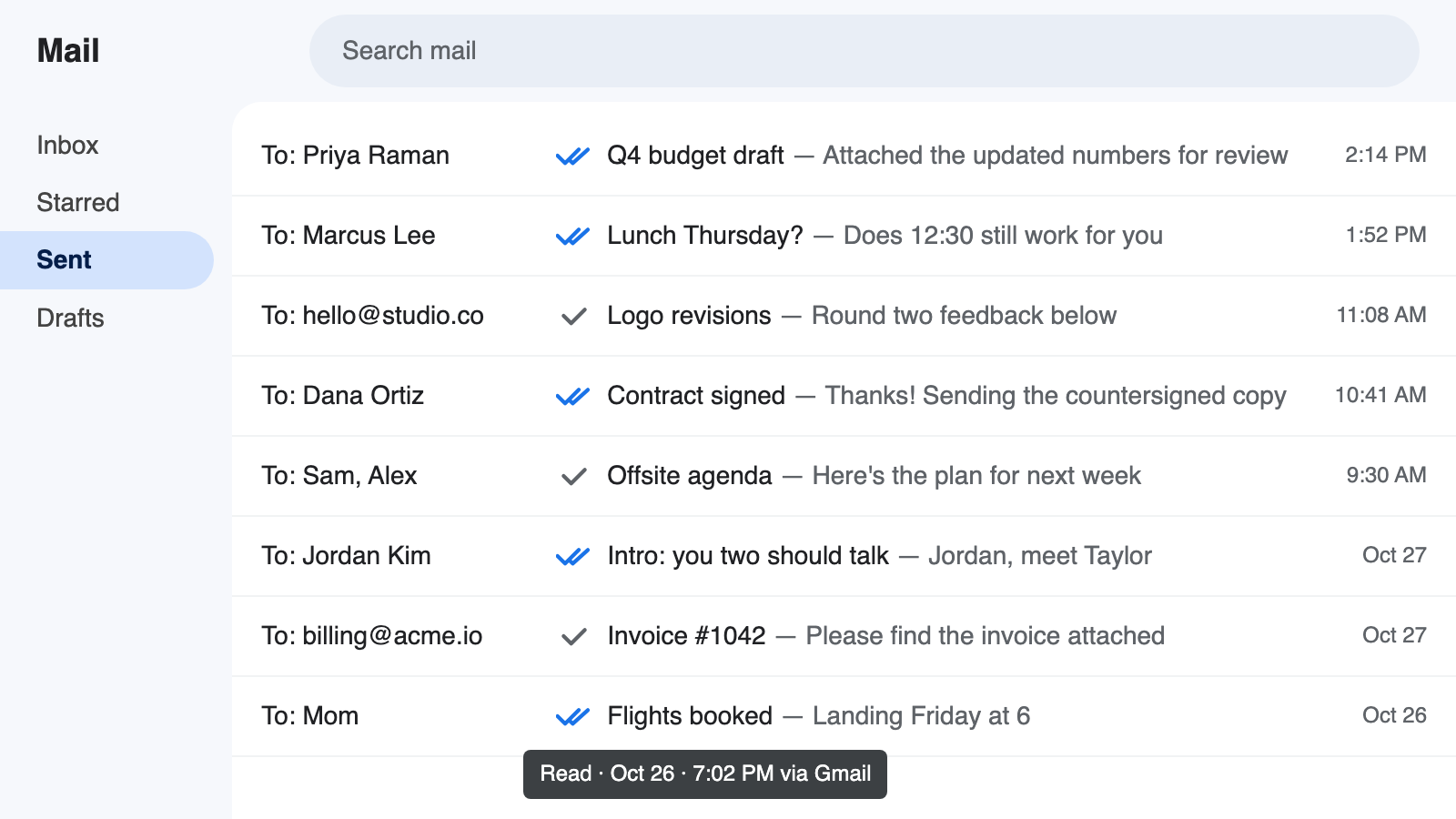 Checkmate ticks next to sent emails in a Gmail inbox